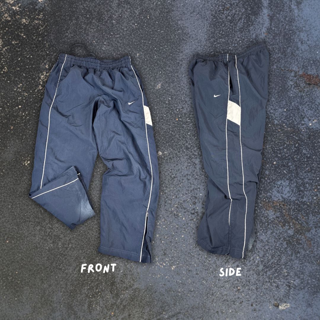 Y2K 10s Nike Track Pants XL Navy White Swoosh Piping Ankle Zip Wide Leg