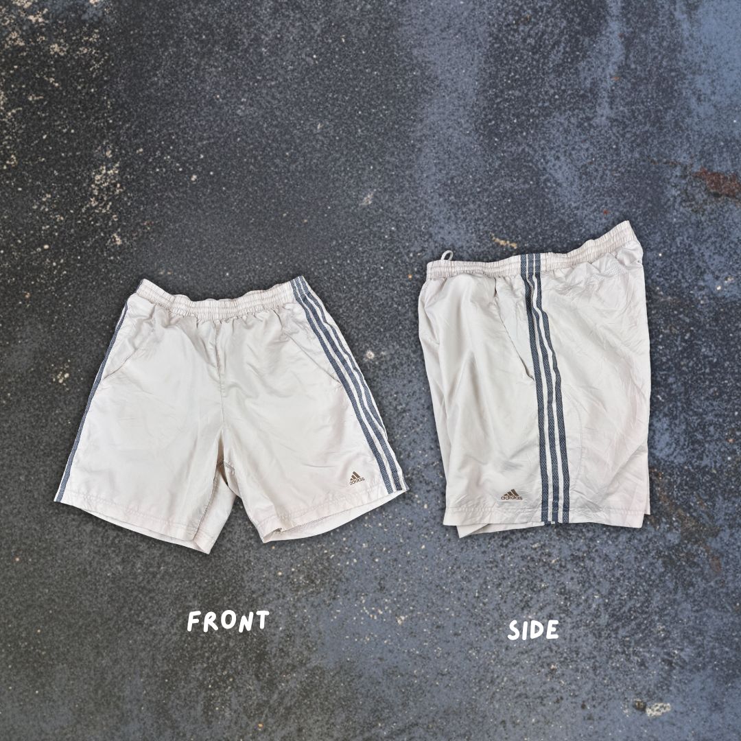 Vintage Y2K Adidas Shorts XL White 3 Stripe Gold Logo Nylon Wide Fit