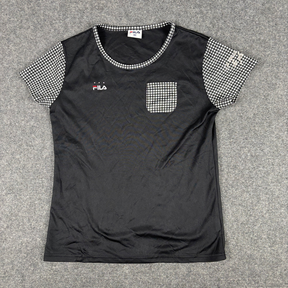 Y2K Fila Gingham Trim Pocket Tee Black White Petite photo 7
