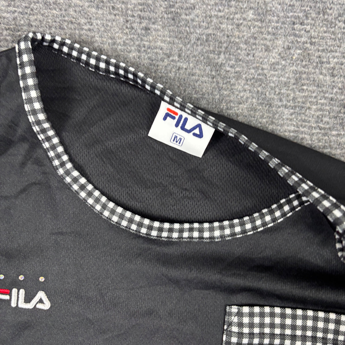 Y2K Fila Gingham Trim Pocket Tee Black White Petite photo 6