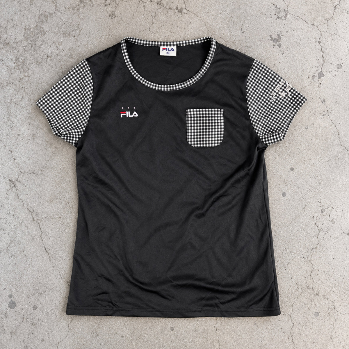 Y2K Fila Gingham Trim Pocket Tee Black White Petite photo 2