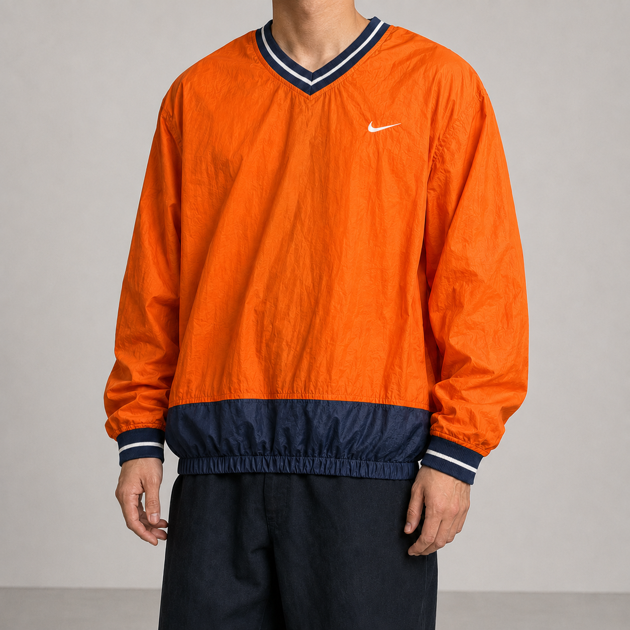 Vintage 90s Nike Jacket Men's XL Orange Navy Swoosh Cuffed Nylon Windbreaker