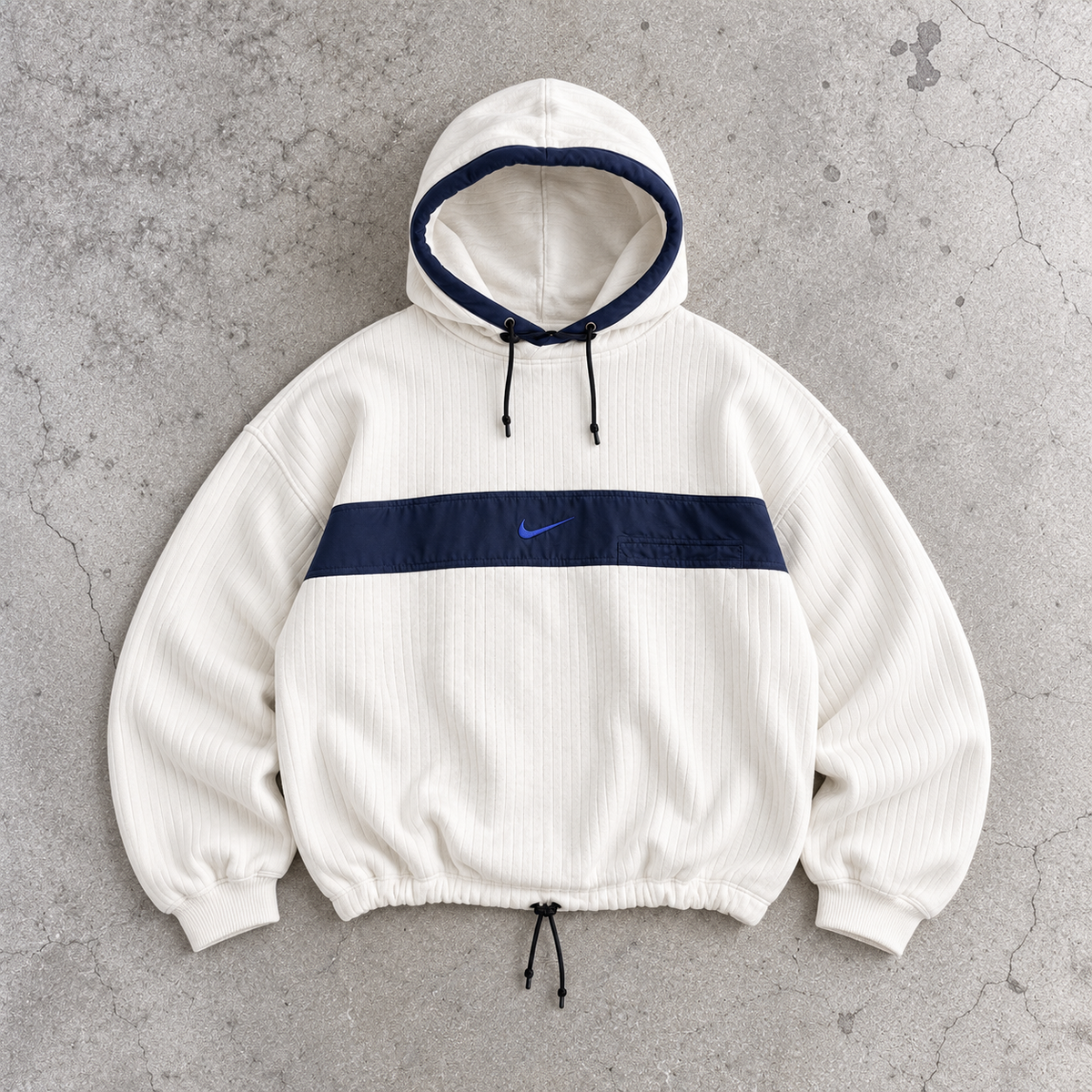 Vintage 90s Nike Hoodie Men's Large White Blue Centre Ripped Mini Swoosh Jumper