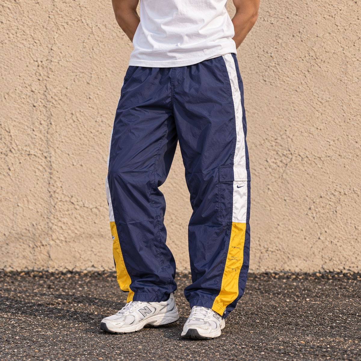 Vintage 90s Nike Cargo Track Pants XL Navy Spell Out Hex Logo Nylon Windbreaker