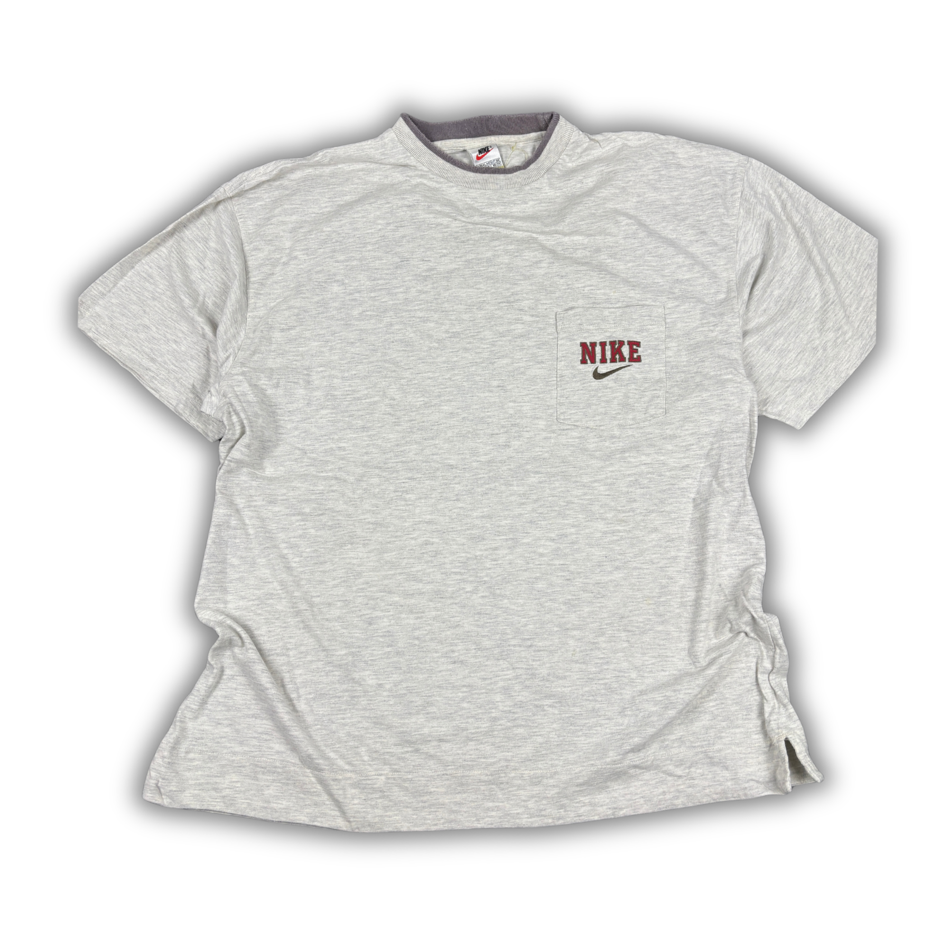 Vintage 90s Nike T-Shirt XL Grey Ringer Style Spell Out Embroidered Logo Chest Pocket
