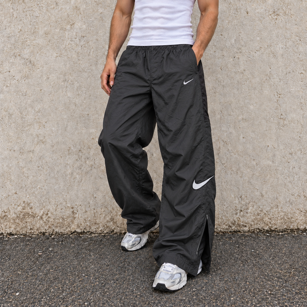 Vintage 90s Nike Track Pants Men's S Black White Double Swoosh Joggers Ankle Zips