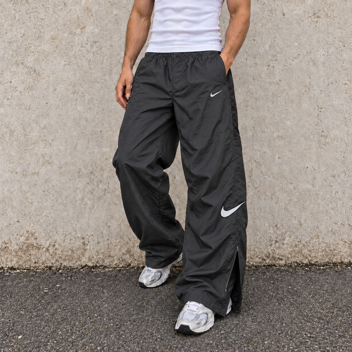 Vintage 90s Nike Track Pants Men's S Black White Double Swoosh Joggers Ankle Zips
