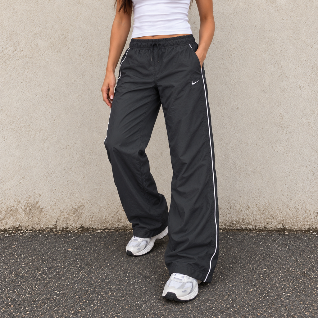 Vintage Y2K Nike Track Pants Women's L Black White Piping Joggers Straight Leg