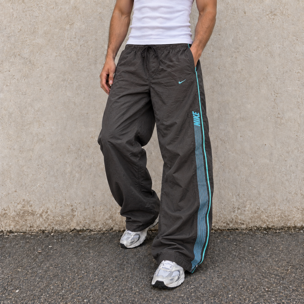 Y2K Nike Track Pants Men's M Black Blue Swoosh Spell Out Joggers Wide Leg