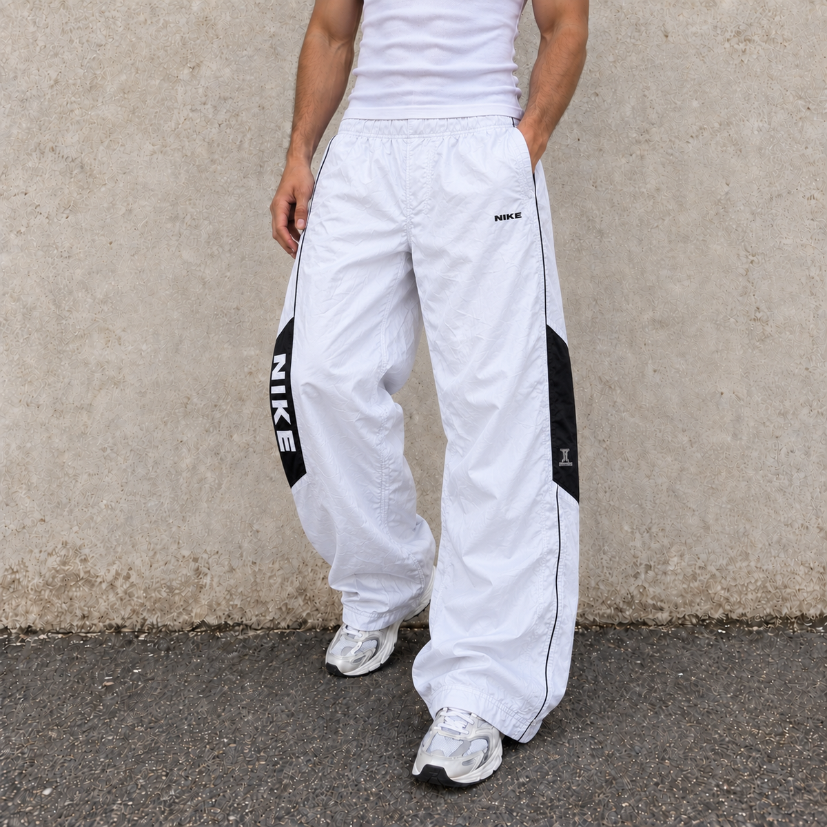 Vintage 90s Nike Spain Track Pants Size L White Navy Piping Spell Out RARE