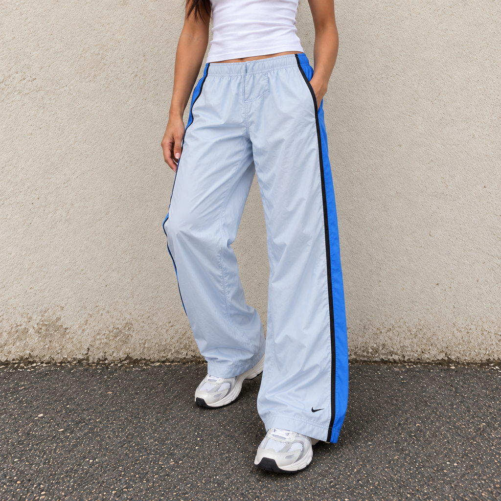 Vintage Y2K Nike Track Pants Women's M Baby Blue Black Piping Ankle Swoosh