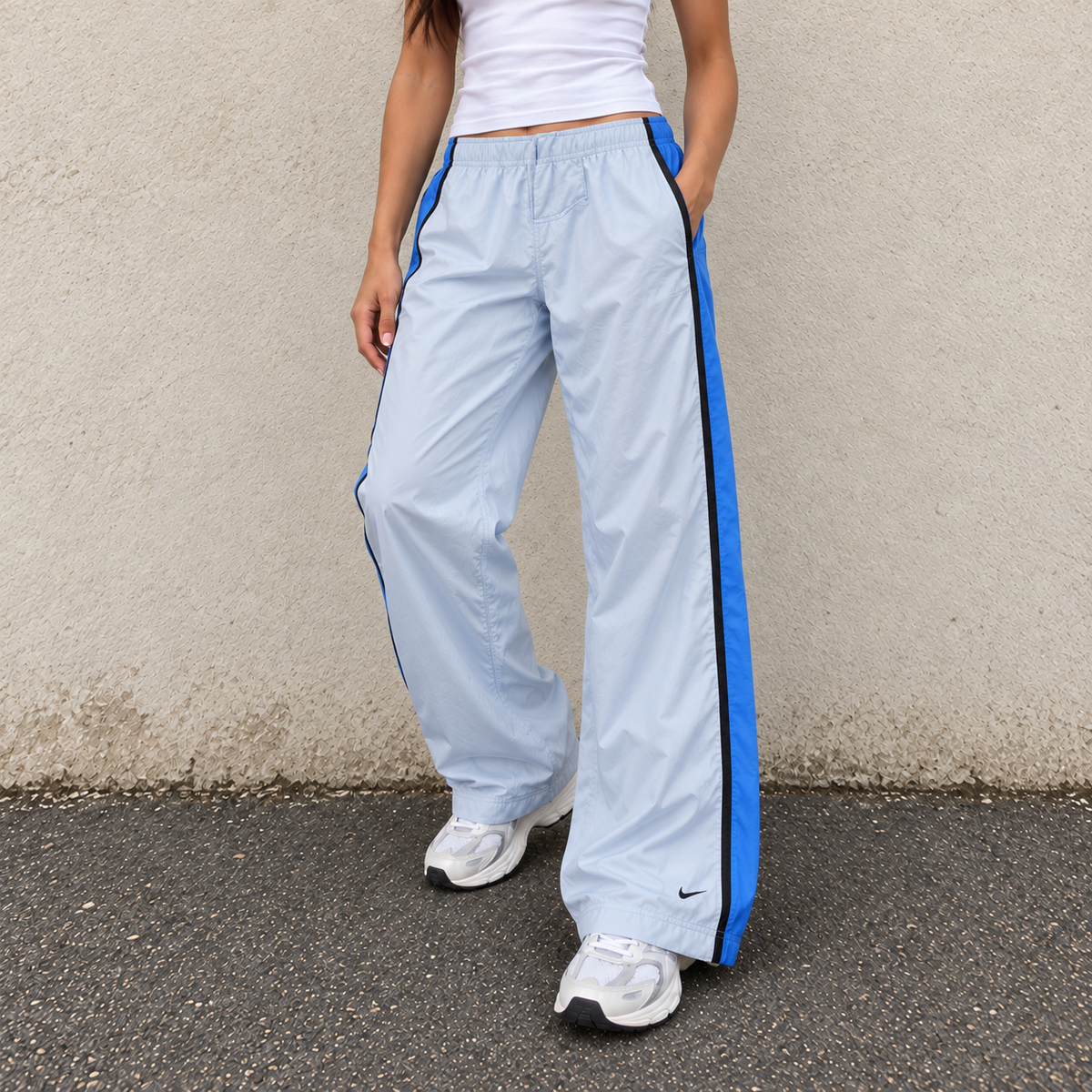 Vintage Y2K Nike Track Pants Women's M Baby Blue Black Piping Ankle Swoosh