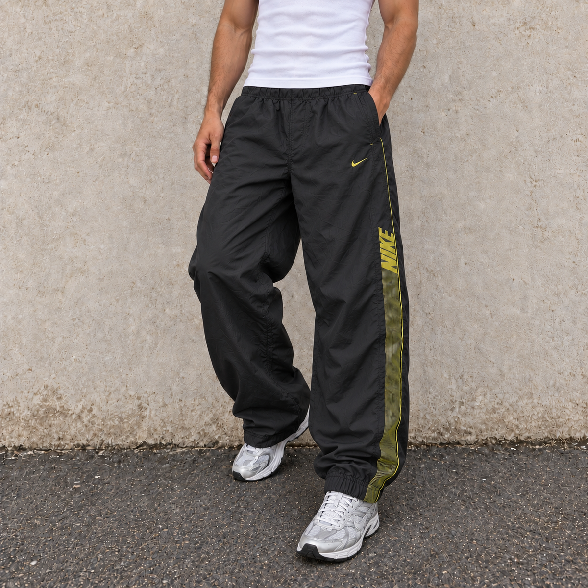 2000s Nike Track Pants Men’s S Black Yellow Spell Out Joggers
