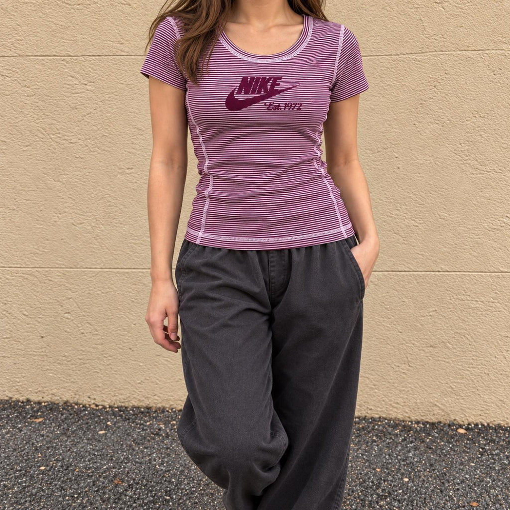 Vintage Y2K Nike Scoop Neck Top Women's Small Purple Striped Felt Logo Activewear