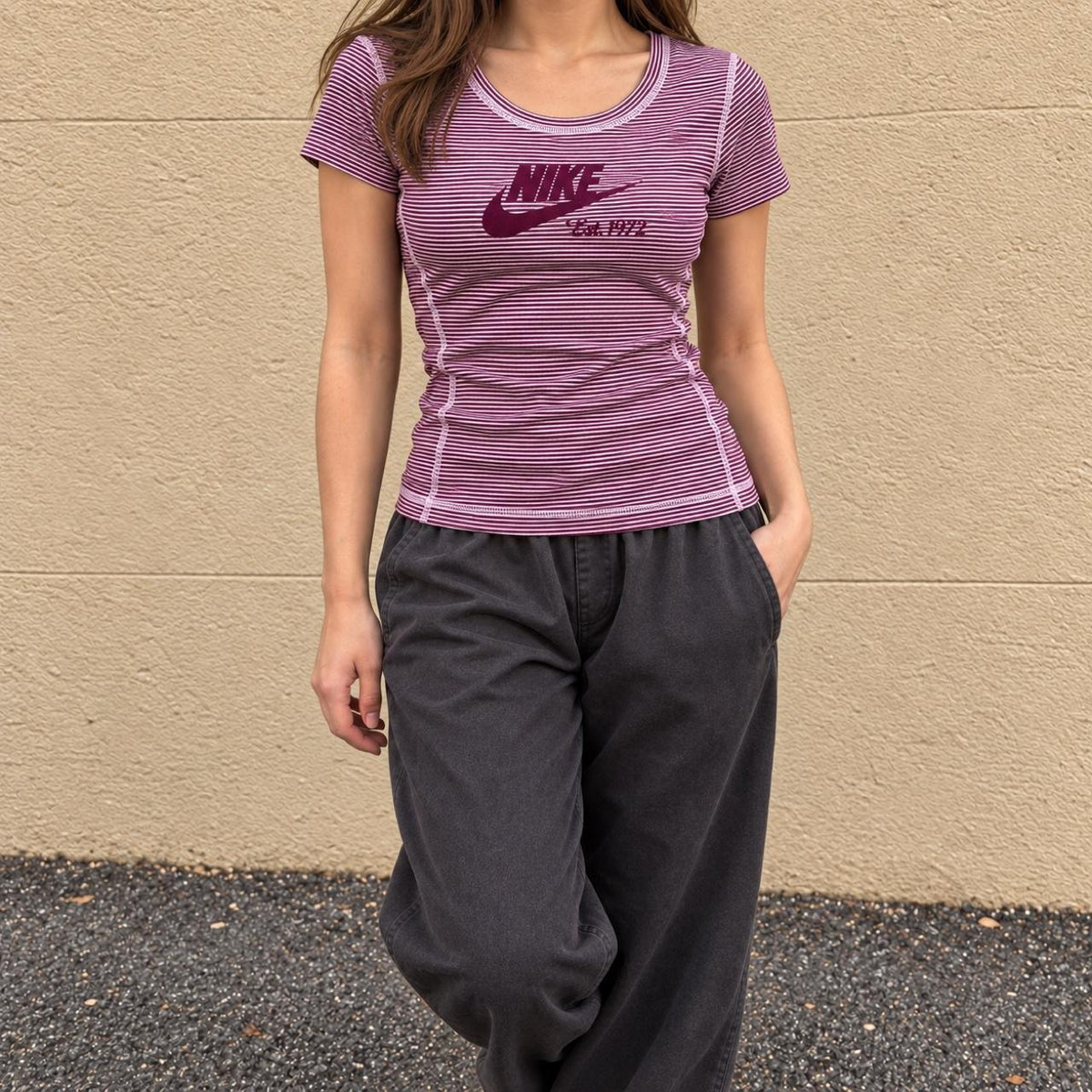 Vintage Y2K Nike Scoop Neck Top Women's Small Purple Striped Felt Logo Activewear
