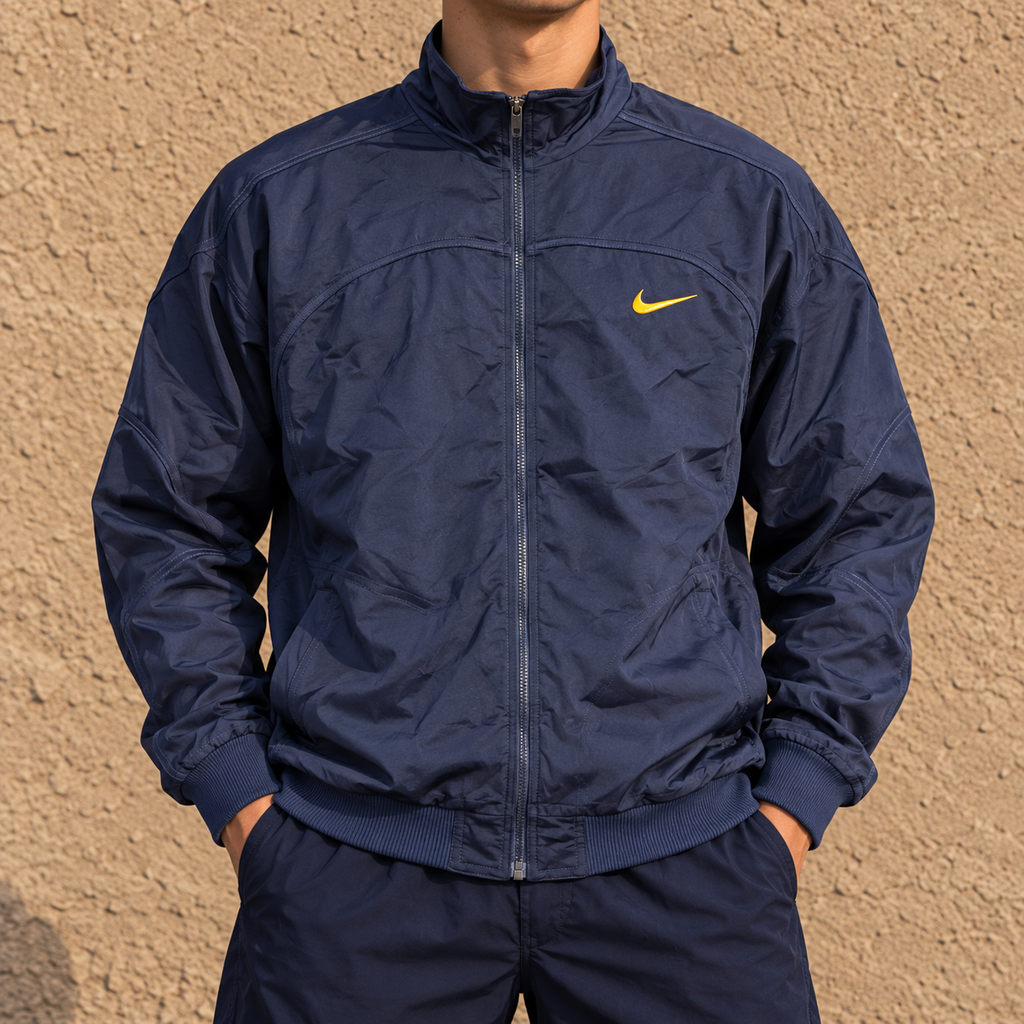 Vintage 90s Nike Satin Jacket Men's Large Navy Gold Big Swoosh