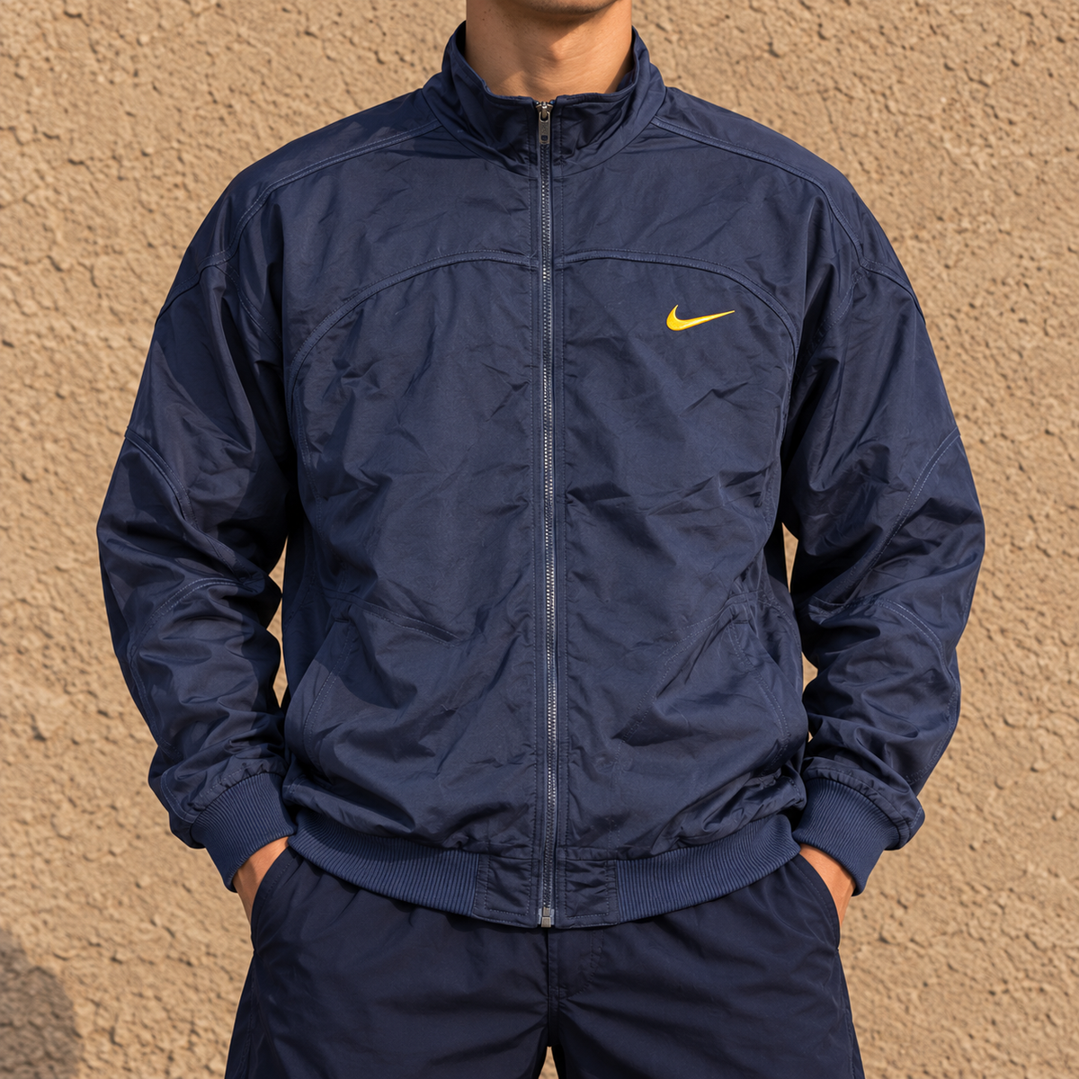 Vintage 90s Nike Satin Jacket Men's Large Navy Gold Big Swoosh