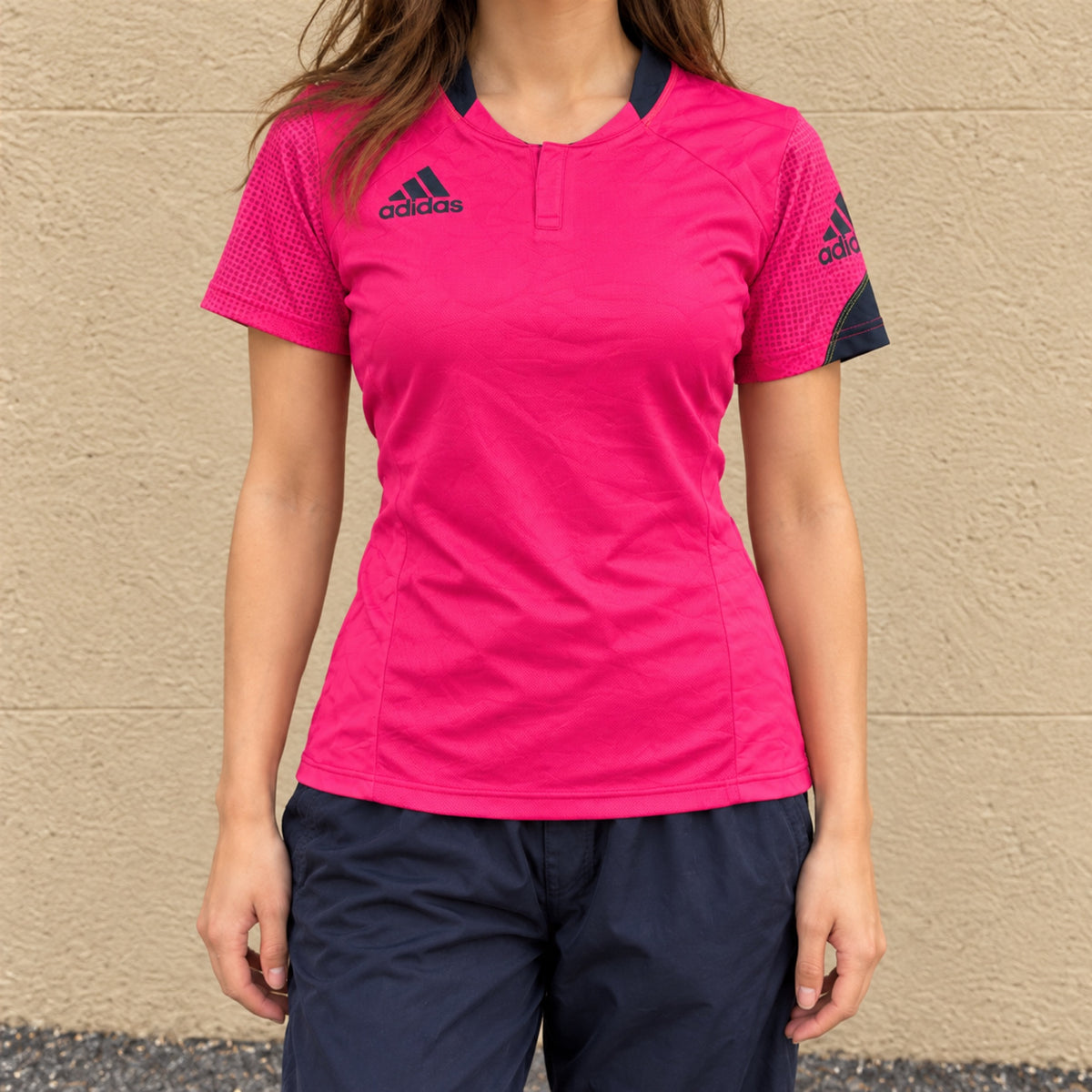 Y2K Adidas Climacool Rugby Jersey Top Hot Pink Navy Fitted photo 1