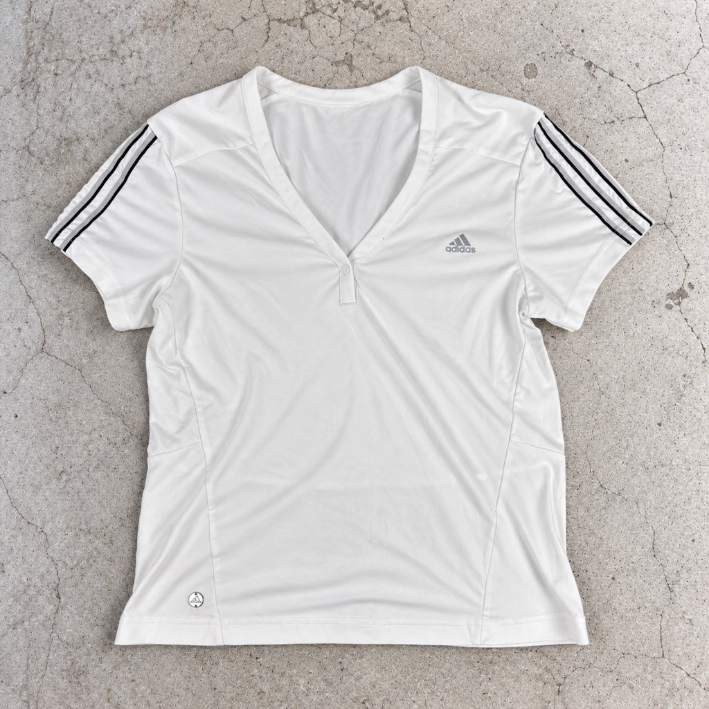 Y2K Adidas Climalite White V-Neck Fitted Tee Three Stripe Women's M photo 2