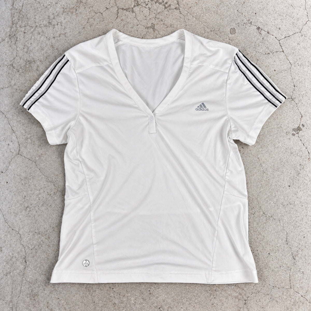 Y2K Adidas Climalite White V-Neck Fitted Tee Three Stripe Women's M photo 2