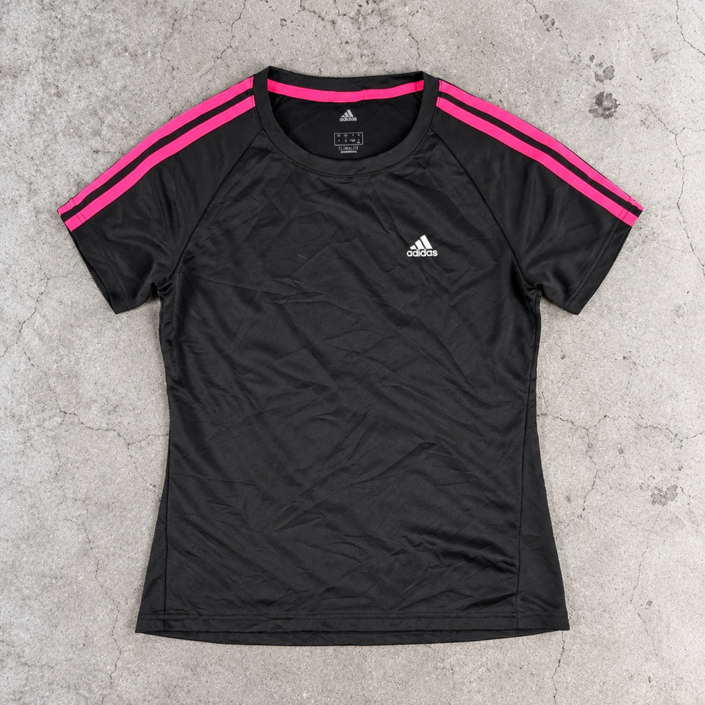 Adidas Climalite 3 Stripe Training Tee Black Hot Pink Fitted photo 2