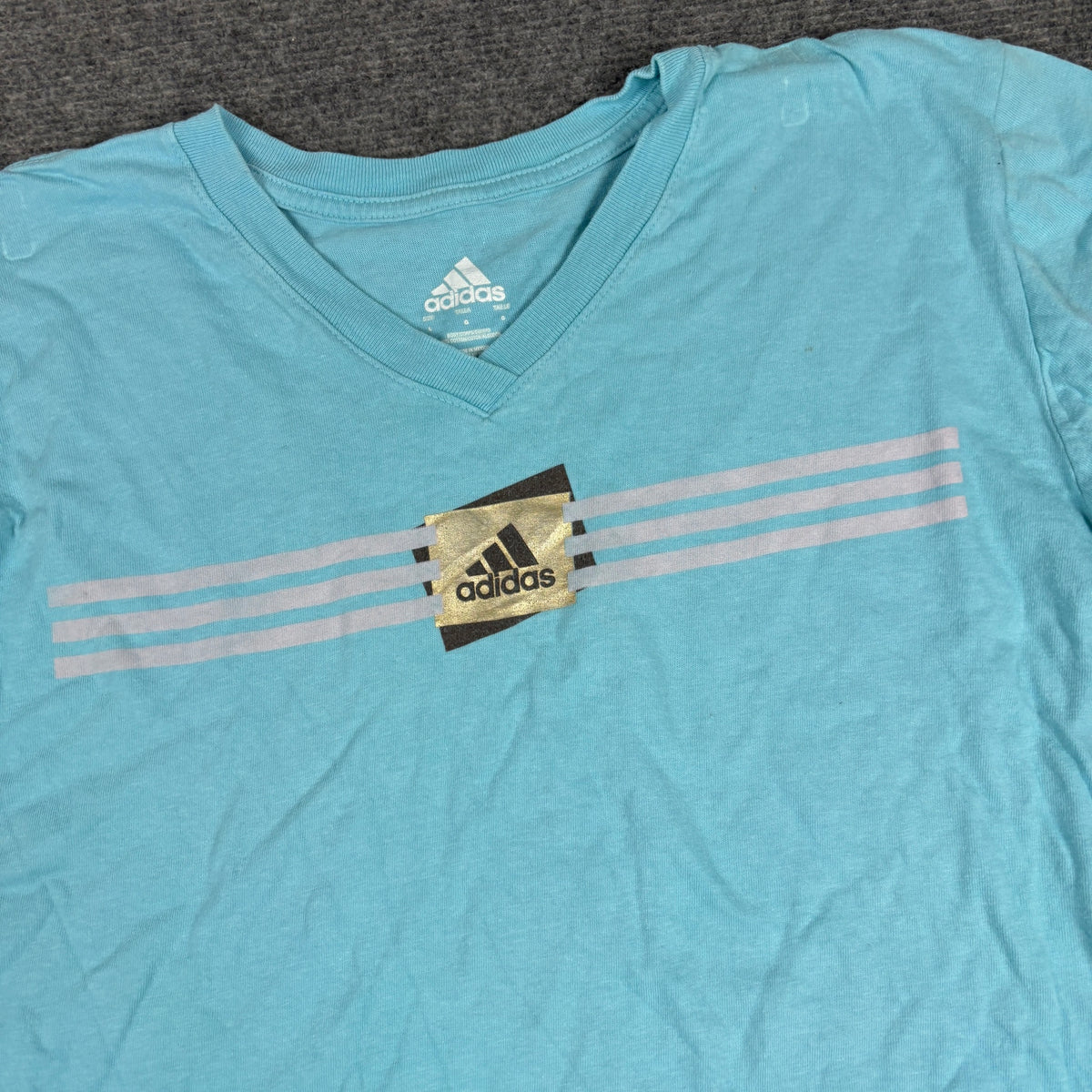 Y2K Adidas V-Neck Logo Tee Sky Blue Fitted photo 4