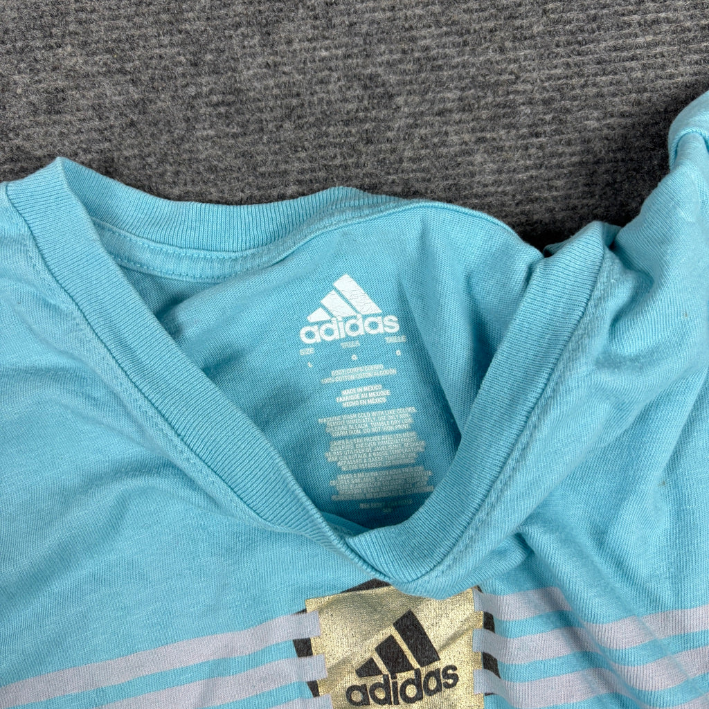 Y2K Adidas V-Neck Logo Tee Sky Blue Fitted photo 5