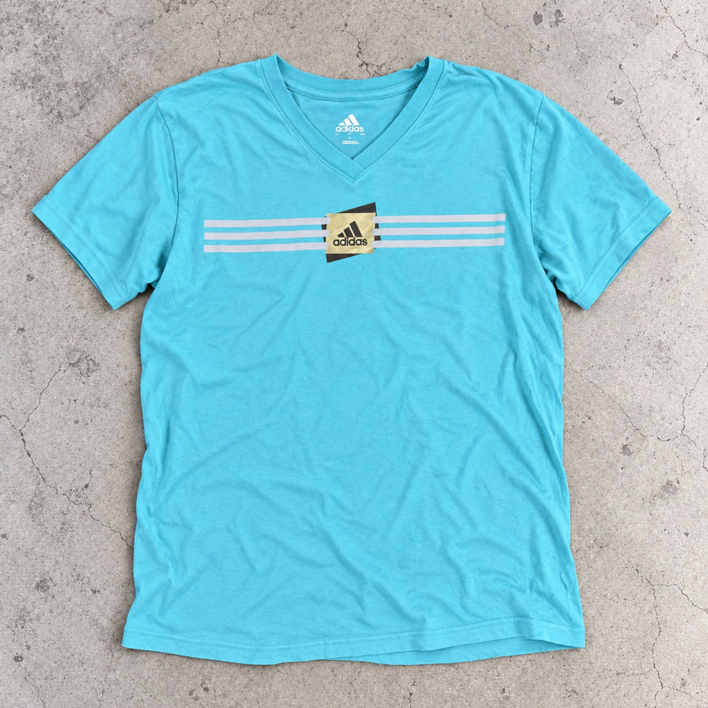 Y2K Adidas V-Neck Logo Tee Sky Blue Fitted photo 2