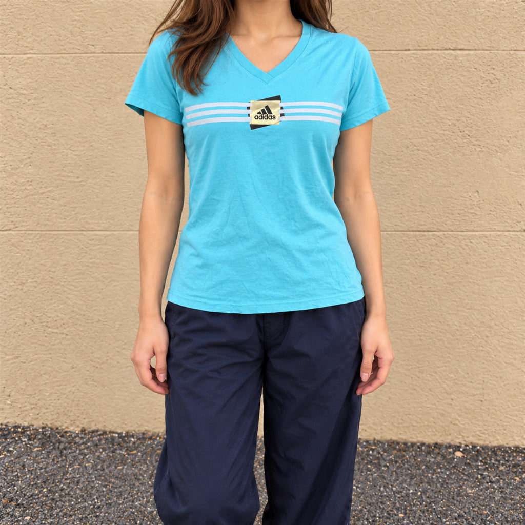 Y2K Adidas V-Neck Logo Tee Sky Blue Fitted photo 1