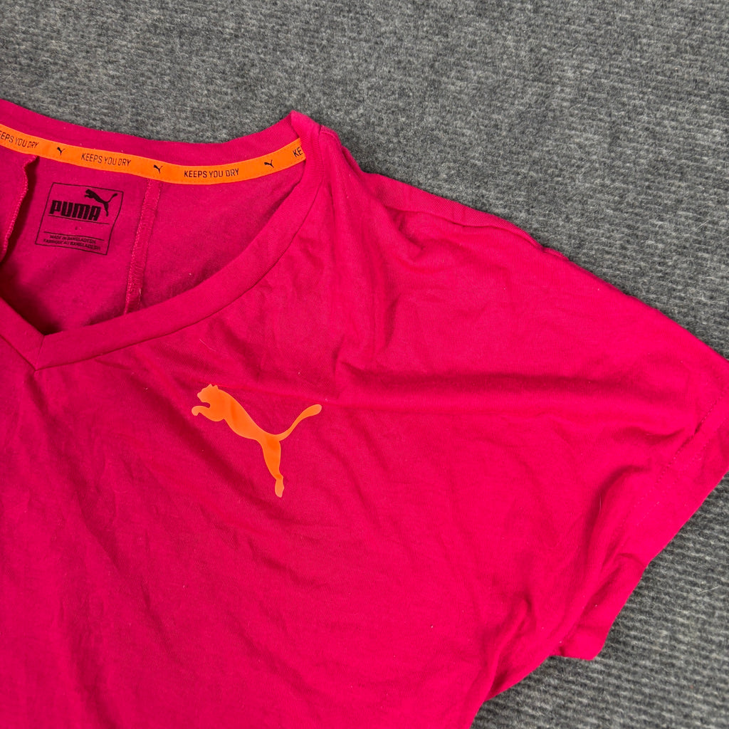 Puma V-Neck Logo Tee Hot Pink Orange Cropped photo 3
