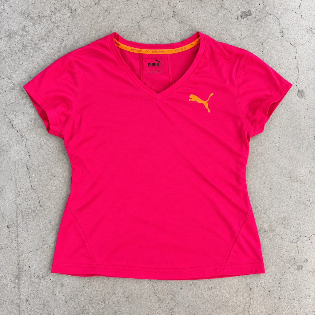 Puma V-Neck Logo Tee Hot Pink Orange Cropped photo 2