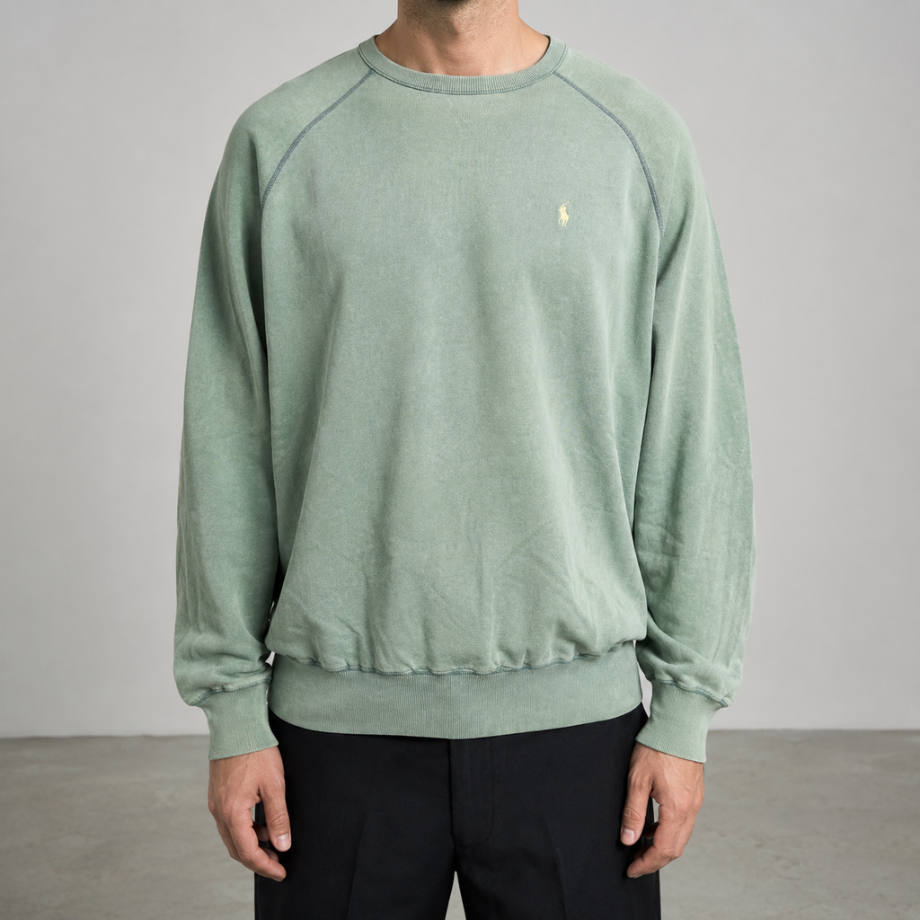 Vintage 90's Ralph Lauren Jumper Men's XL Green Faded Yellow Small Pony Boxy Crew Neck