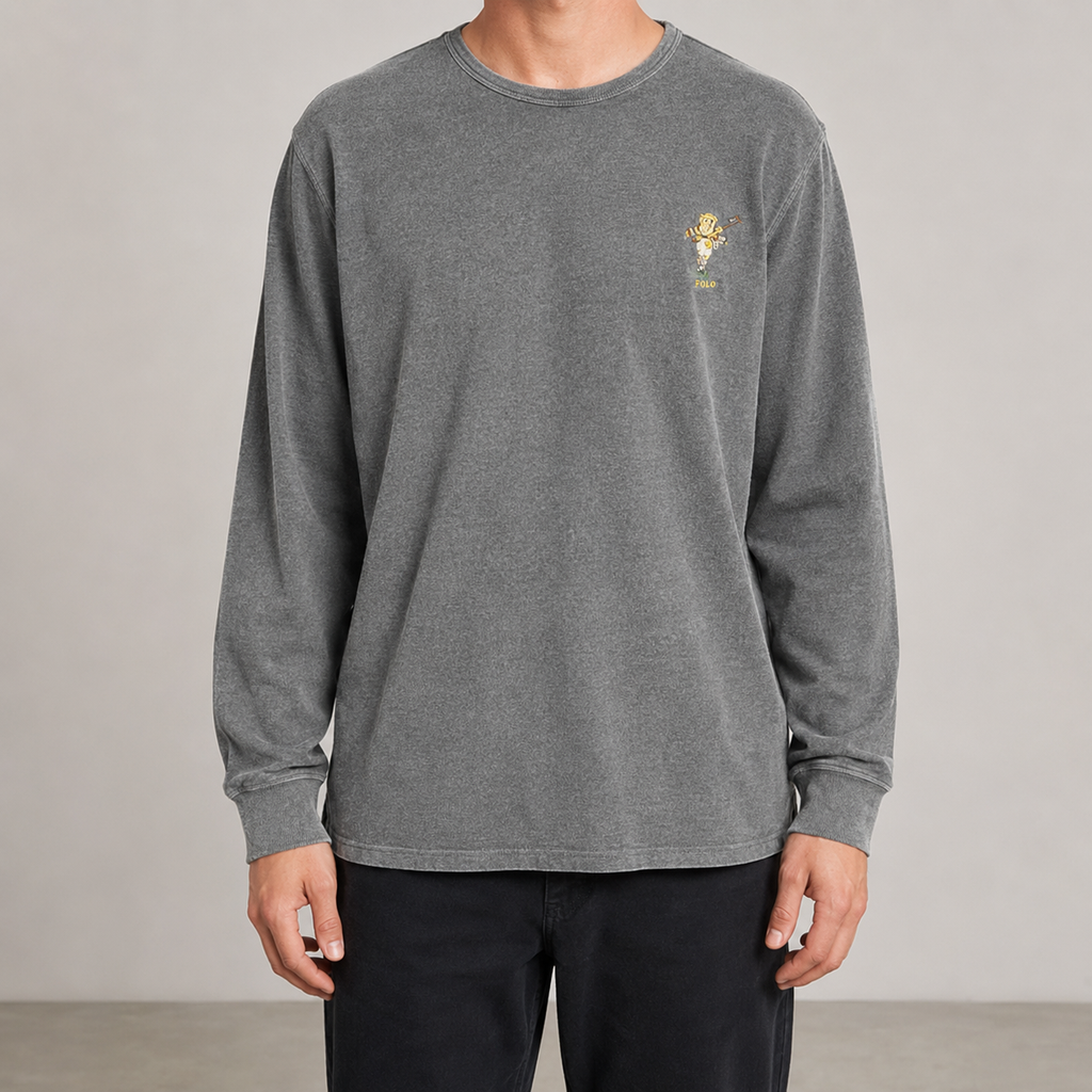 Classic Ralph Lauren T-shirt Men's XL Grey Rugby Bear Long Sleeve Knit Crew Neck