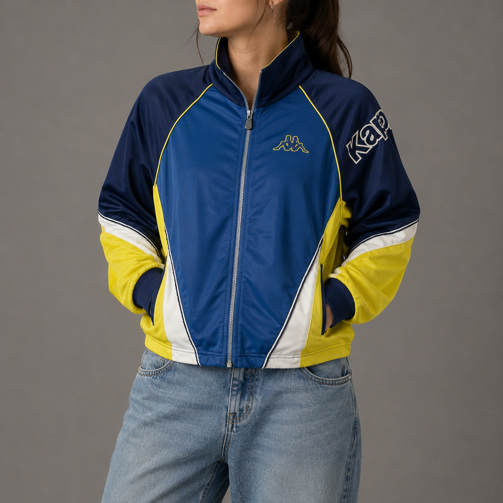 Vintage 90s Kappa Jacket Womens S Blue Yellow Spell Out Badge Logo Embroidered