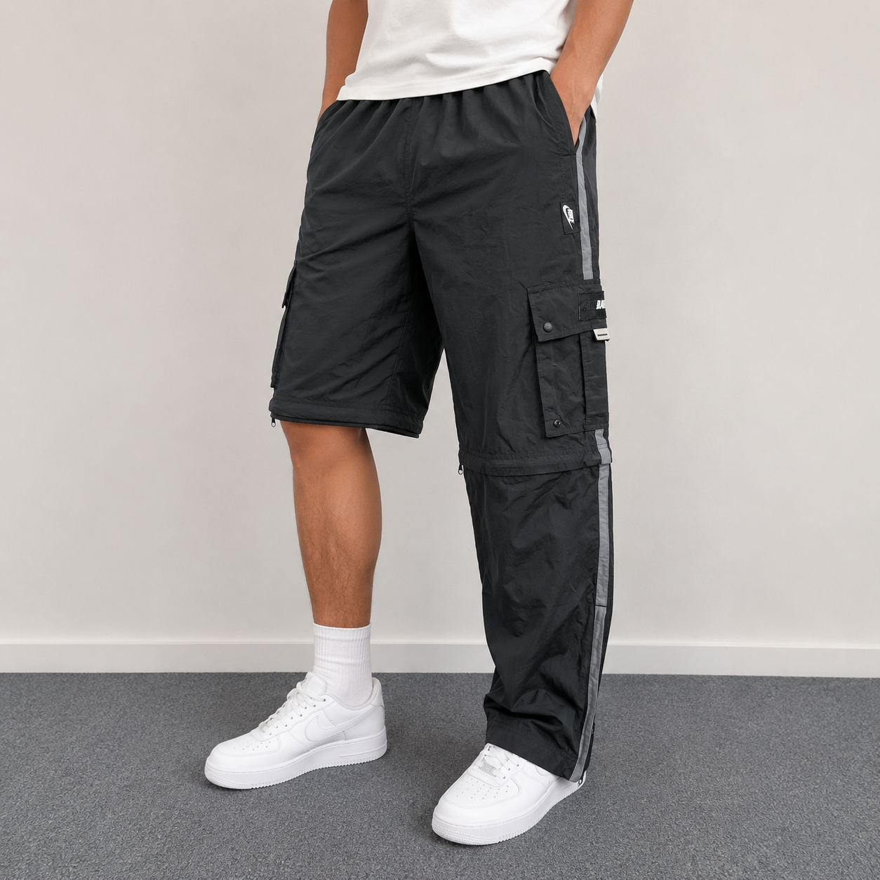Vintage Y2K Nike Basketball Cargo Track Pants Men's L Black Grey Zip Off Rare