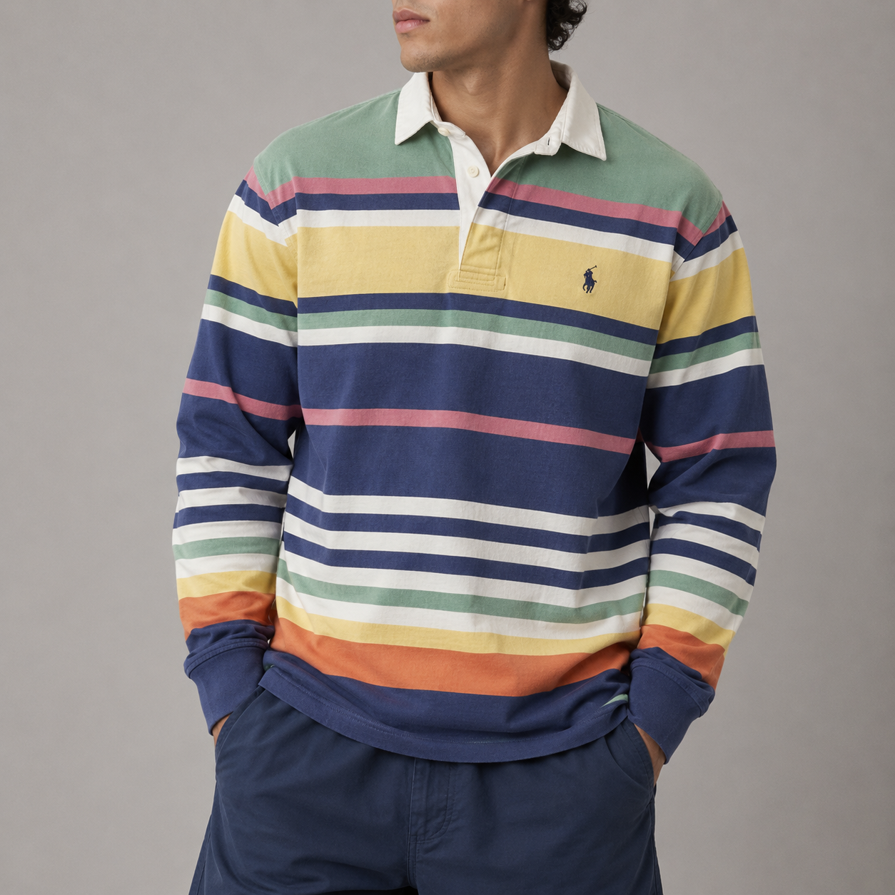 Vintage 90's Ralph Lauren Rugby Polo Men's M Multicolour Striped Small Pony Jersey