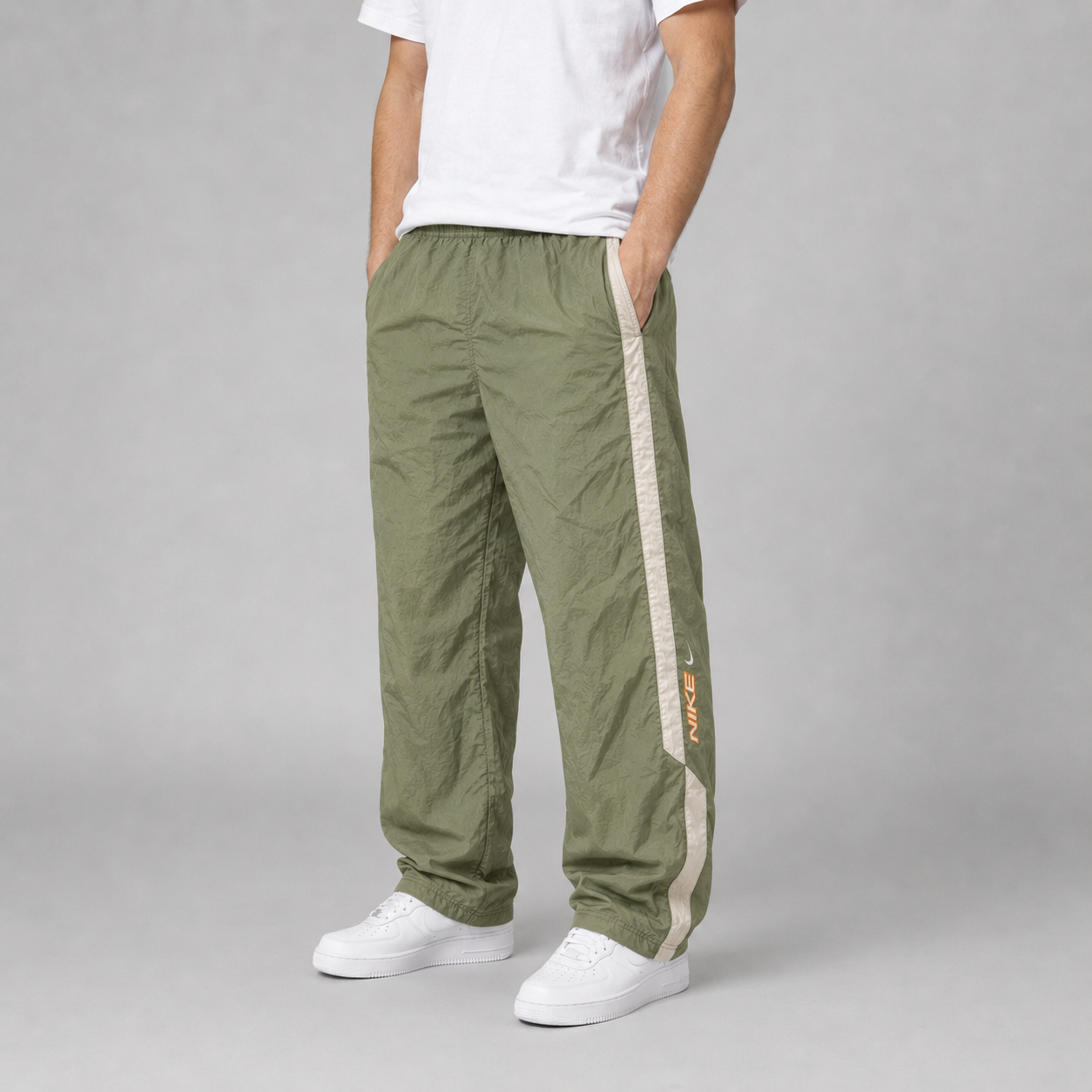 Vintage Y2K Nike Track Pants Size M Green Grey Panel Spell Out Leg Velcro Wide Leg Rare