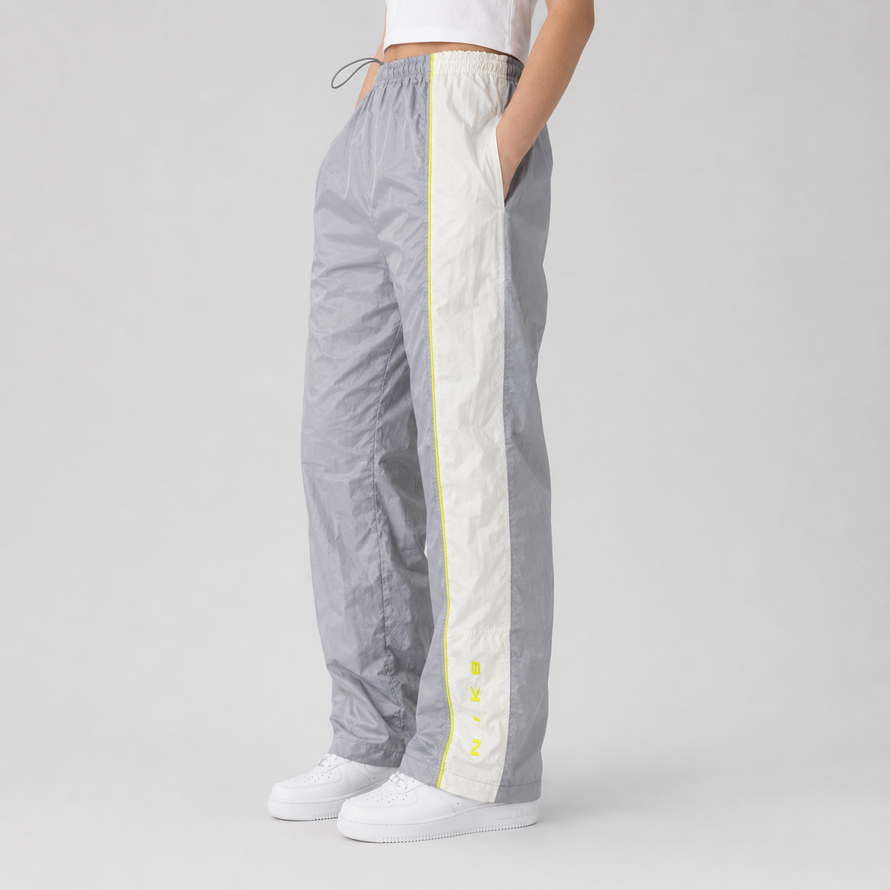 Vintage 90's Nike Track Pants Women's M Grey Grey Green Piping Spell Out Velcro Ankle Wide Leg
