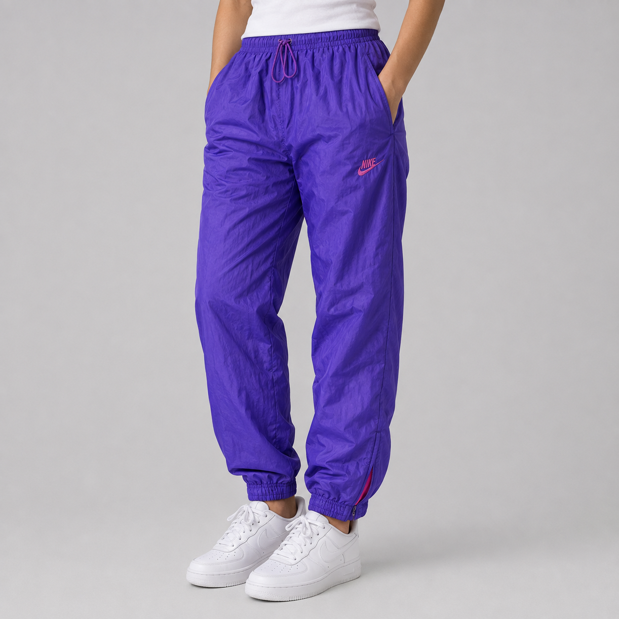 Vintage 90's Nike Track Pants Women's L Purple Pink Logo Parachute Joggers Tapered