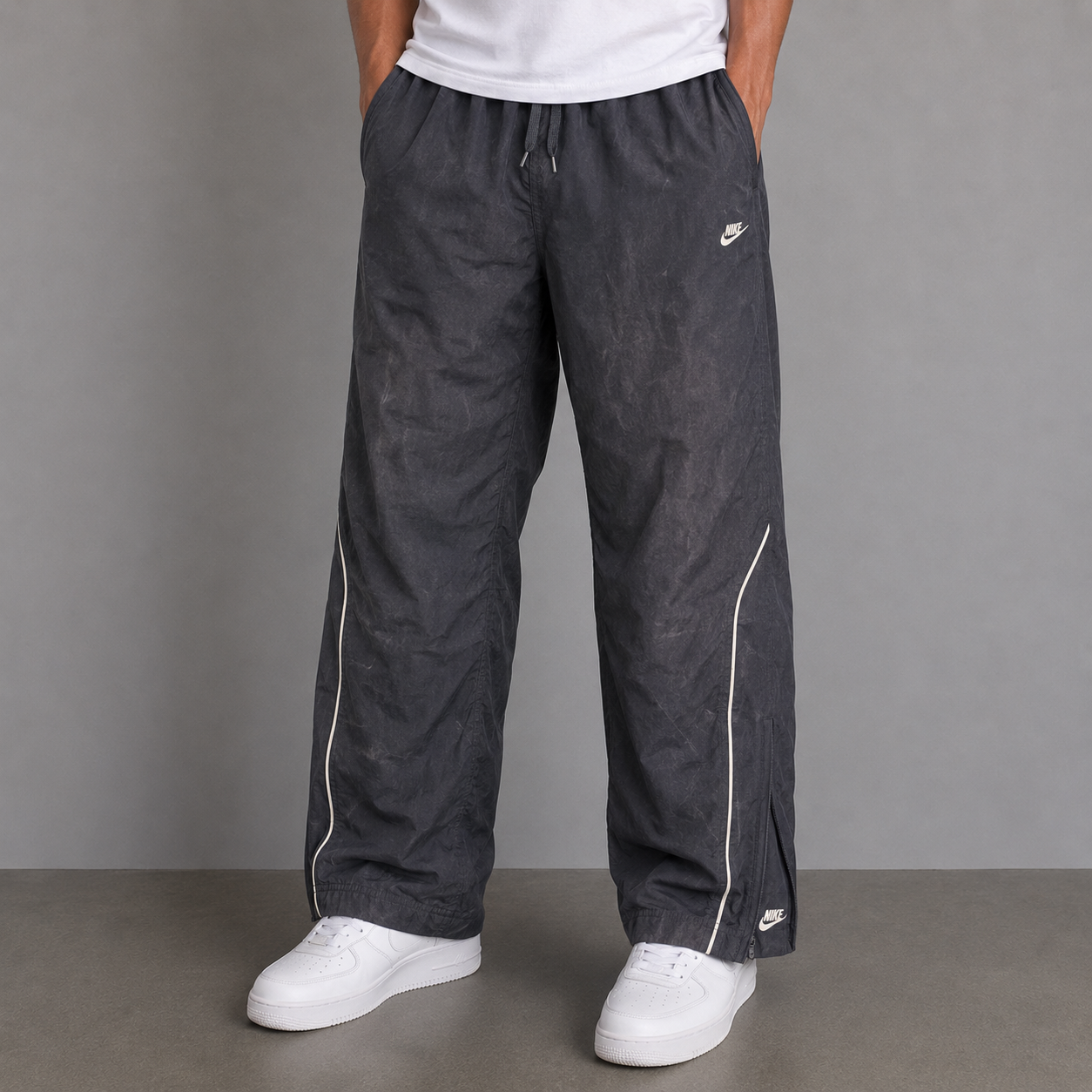 Vintage Y2K Nike Track Pants Men's XL Black White Piping Ankle Swoosh Joggers Wide Leg