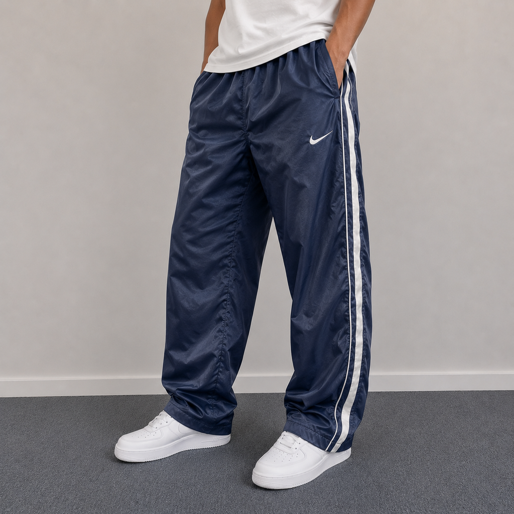 Nike Track Pants Men's L Navy Blue White Piping Swoosh Baggy Joggers