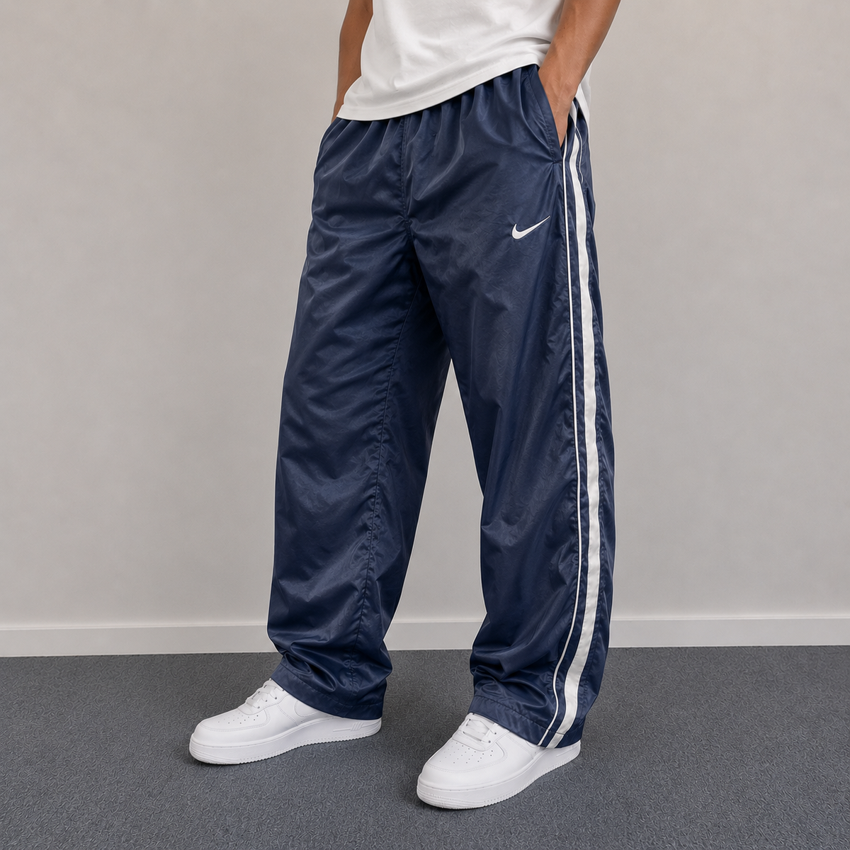 Nike Track Pants Men's L Navy Blue White Piping Swoosh Baggy Joggers