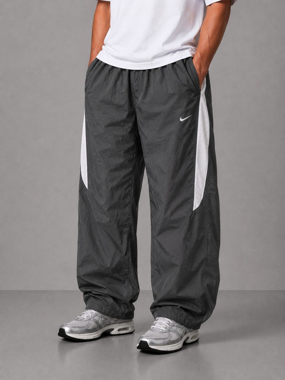 Nike Track Pants Men's L Grey White Panels Swoosh Baggy Joggers