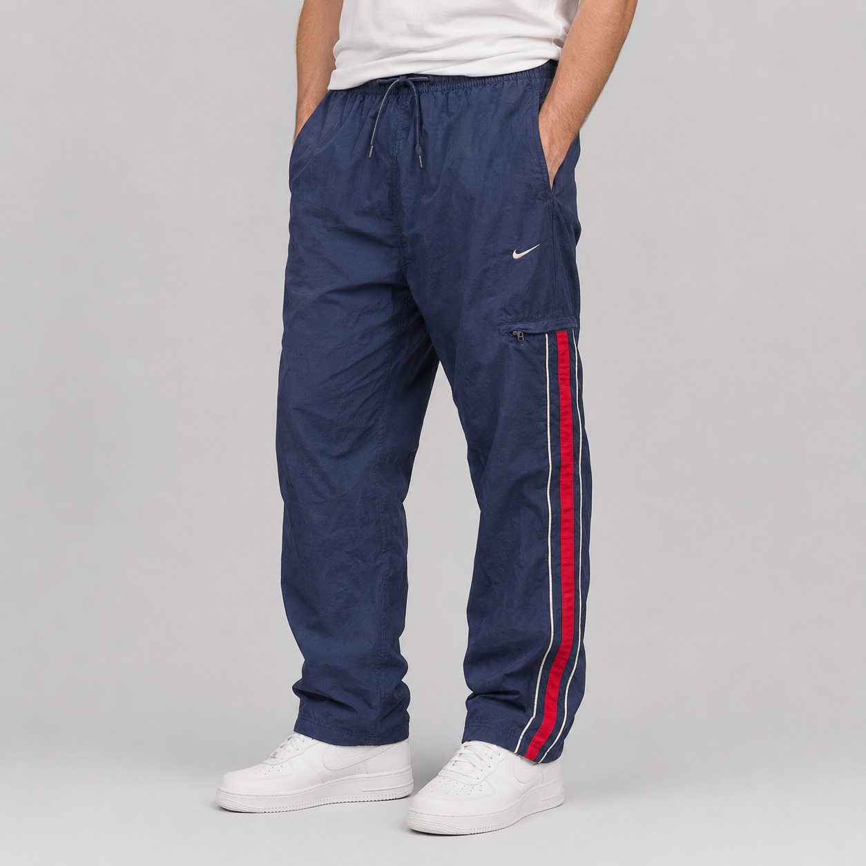 Vintage Y2K Nike Cargo Track Pants Size L Navy Red Detail Wide Leg