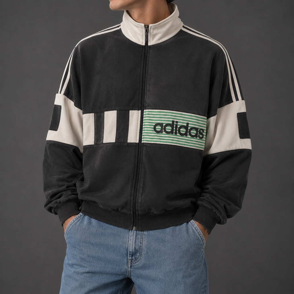 Vintage 90s Adidas Jumper Size XL Black White Detail Spell Out 3 Stripe Fleece Full Zip