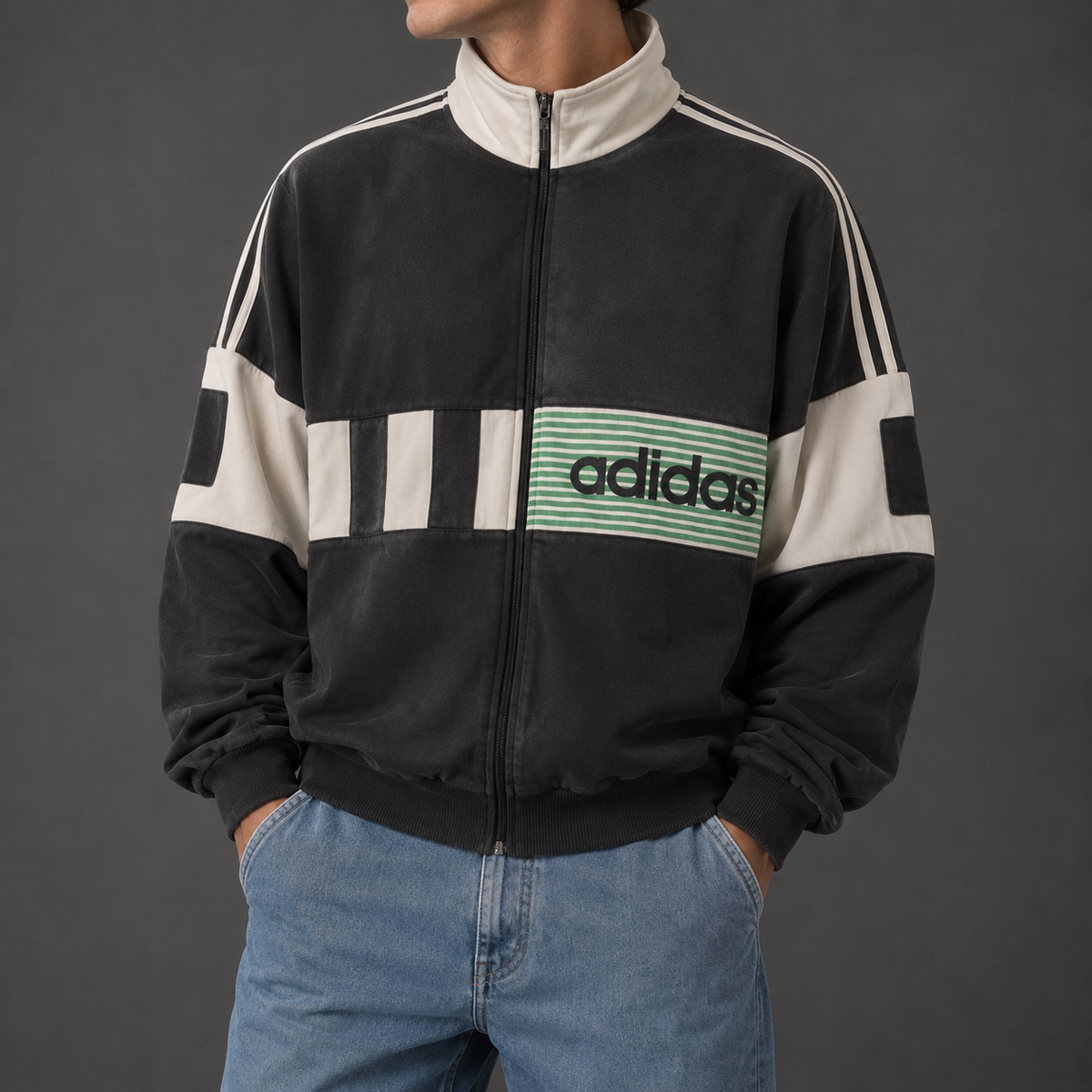 Vintage 90s Adidas Jumper Size XL Black White Detail Spell Out 3 Stripe Fleece Full Zip