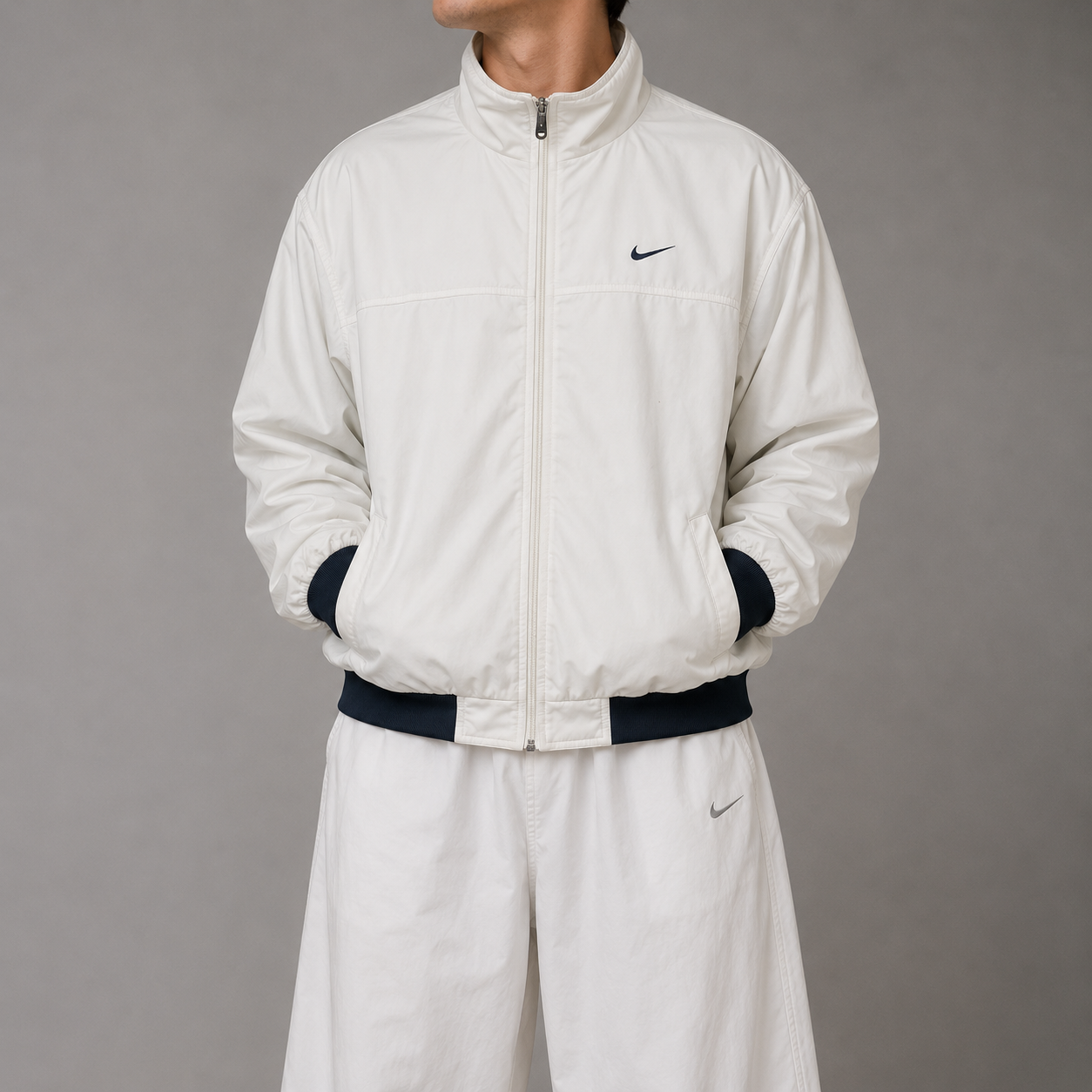 Vintage Y2K Nike Jumper Size M White Black Swoosh Satin Style Finish Full Zip