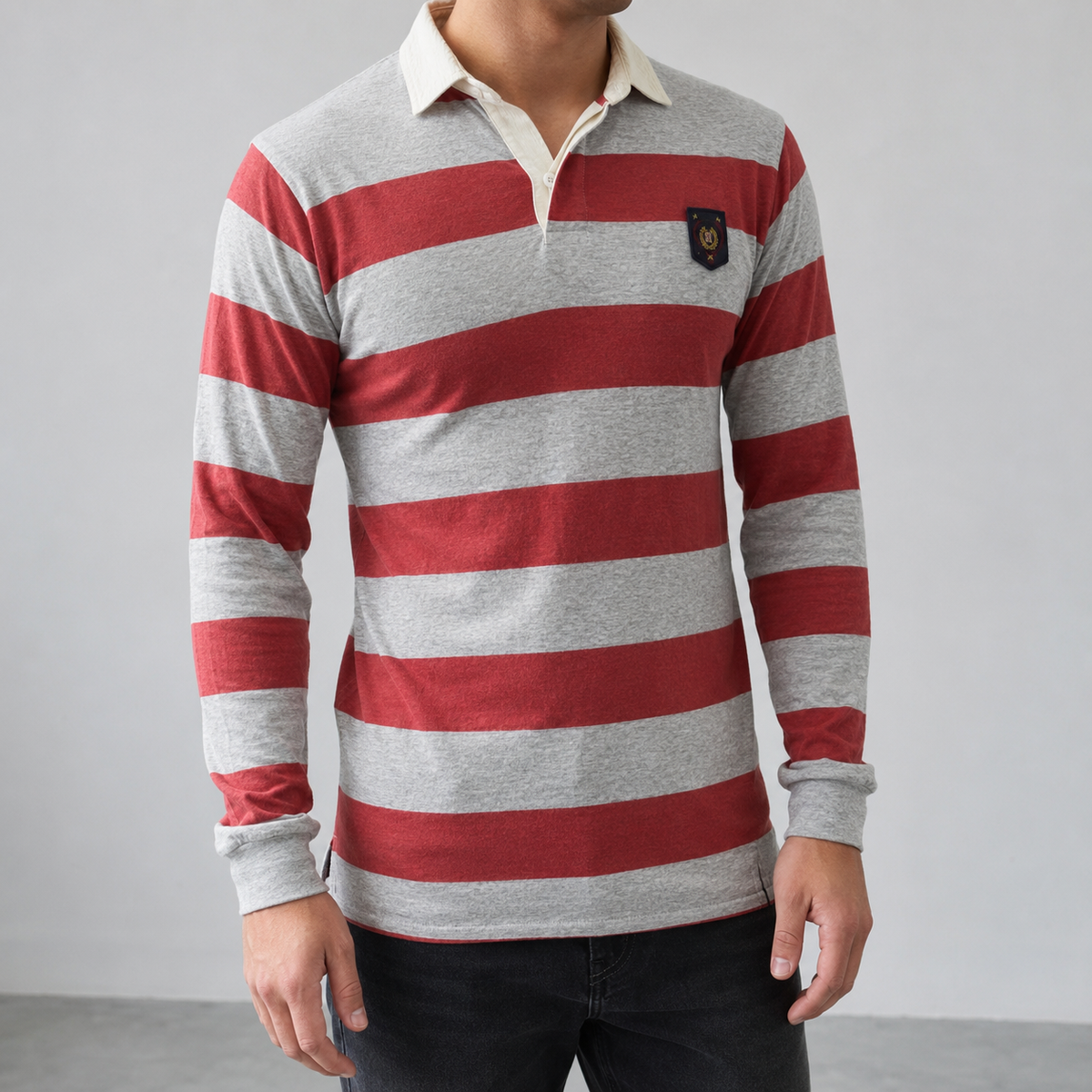 Vintage 90's Polo Ralph Lauren Rugby Polo Men's L Red Grey Striped Badge Logo