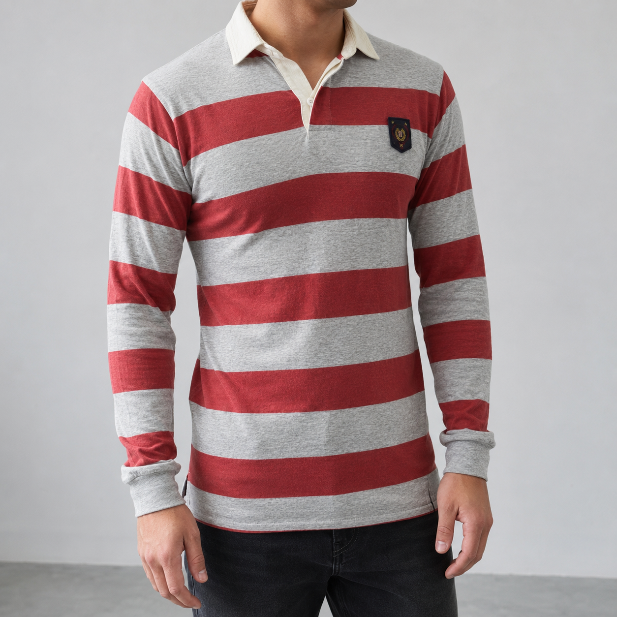 Vintage 90's Polo Ralph Lauren Rugby Polo Men's L Red Grey Striped Badge Logo
