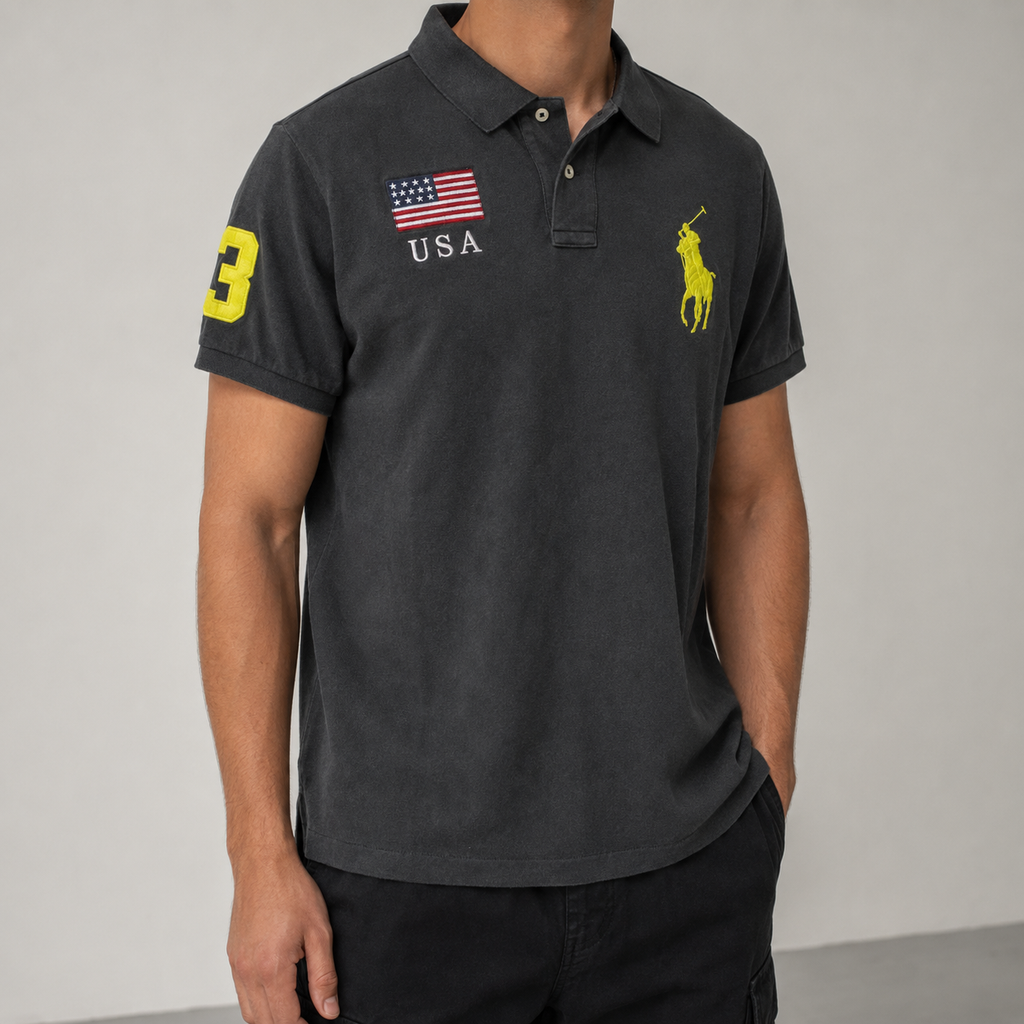 Vintage 90's Polo Ralph Lauren Polo Men's L Black Team USA Fluro Large Pony